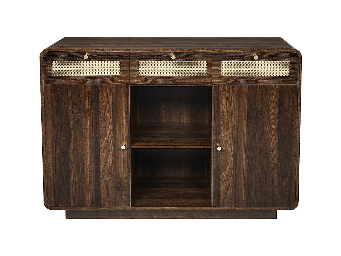 Buffet noyer 120 cm commode tiroirs poignées rotin dorées 3 tiroirs 2 armoires étagère ouverte étagères réglables hauteur