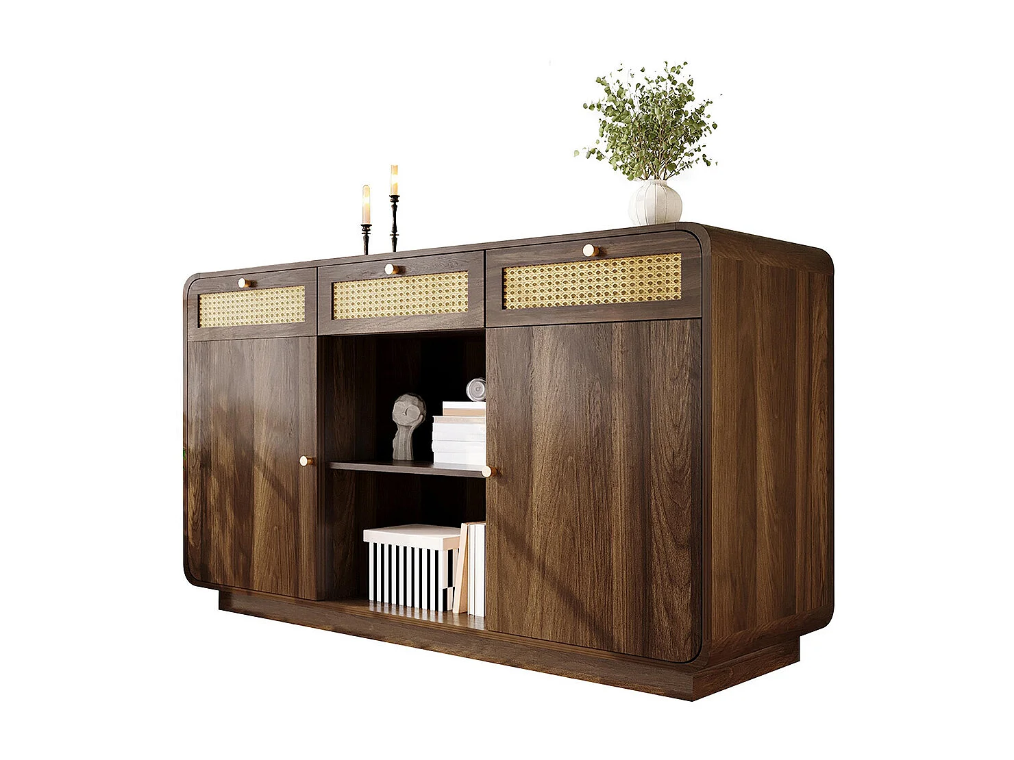 Buffet noyer 120 cm commode tiroirs poignées rotin dorées 3 tiroirs 2 armoires étagère ouverte étagères réglables hauteur