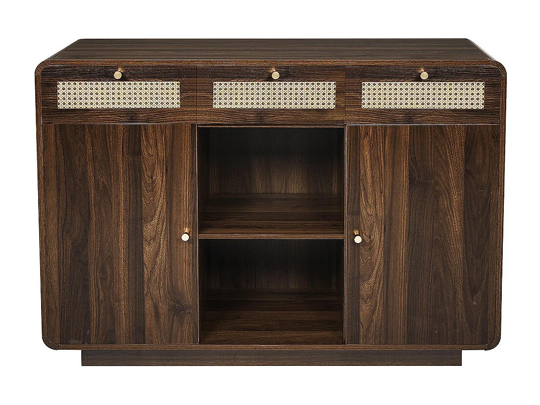 Buffet noyer 120 cm commode tiroirs poignées rotin dorées 3 tiroirs 2 armoires étagère ouverte étagères réglables hauteur