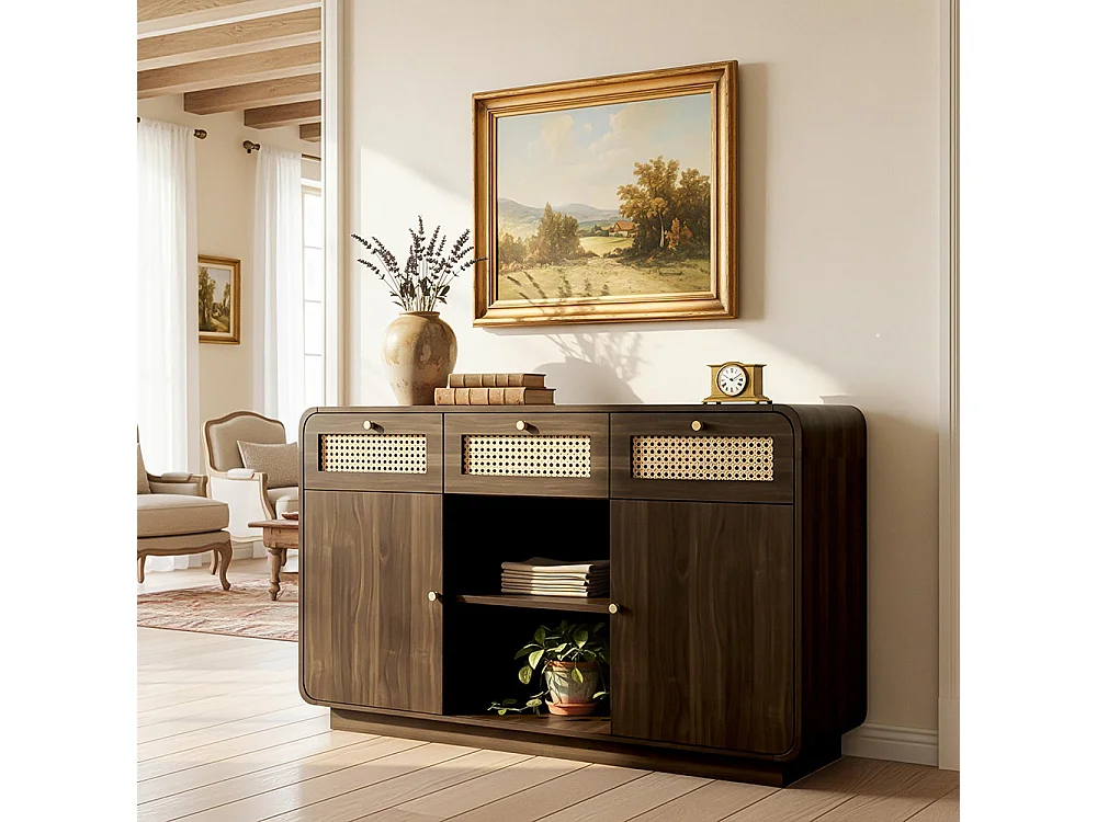 Buffet noyer 120 cm commode tiroirs poignées rotin dorées 3 tiroirs 2 armoires étagère ouverte étagères réglables hauteur