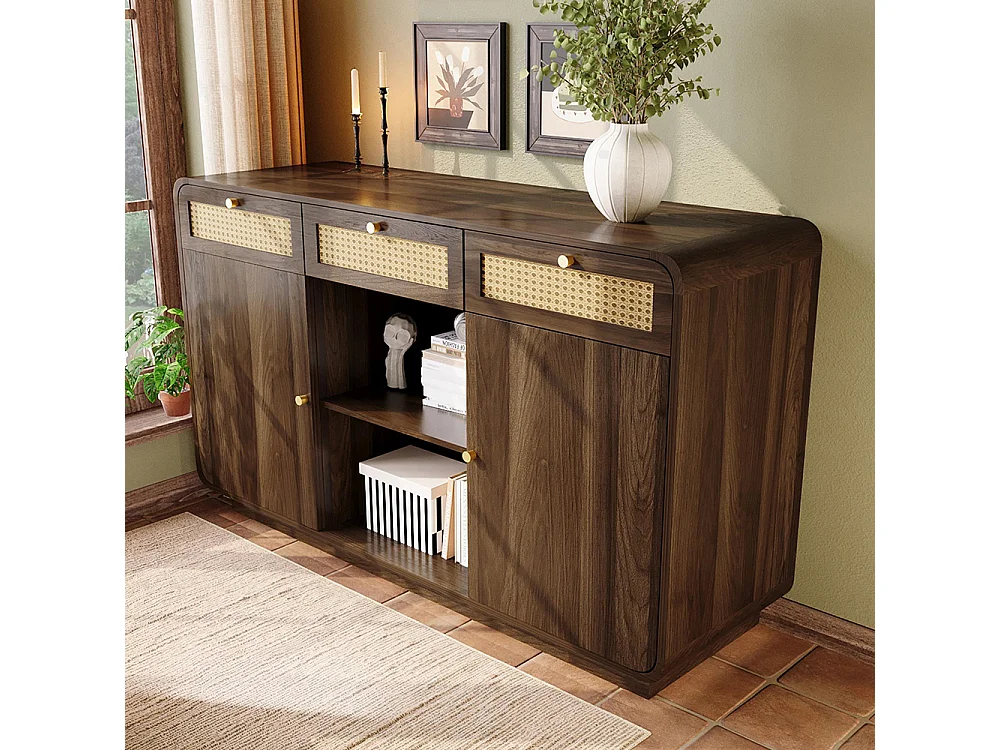 Buffet noyer 120 cm commode tiroirs poignées rotin dorées 3 tiroirs 2 armoires étagère ouverte étagères réglables hauteur