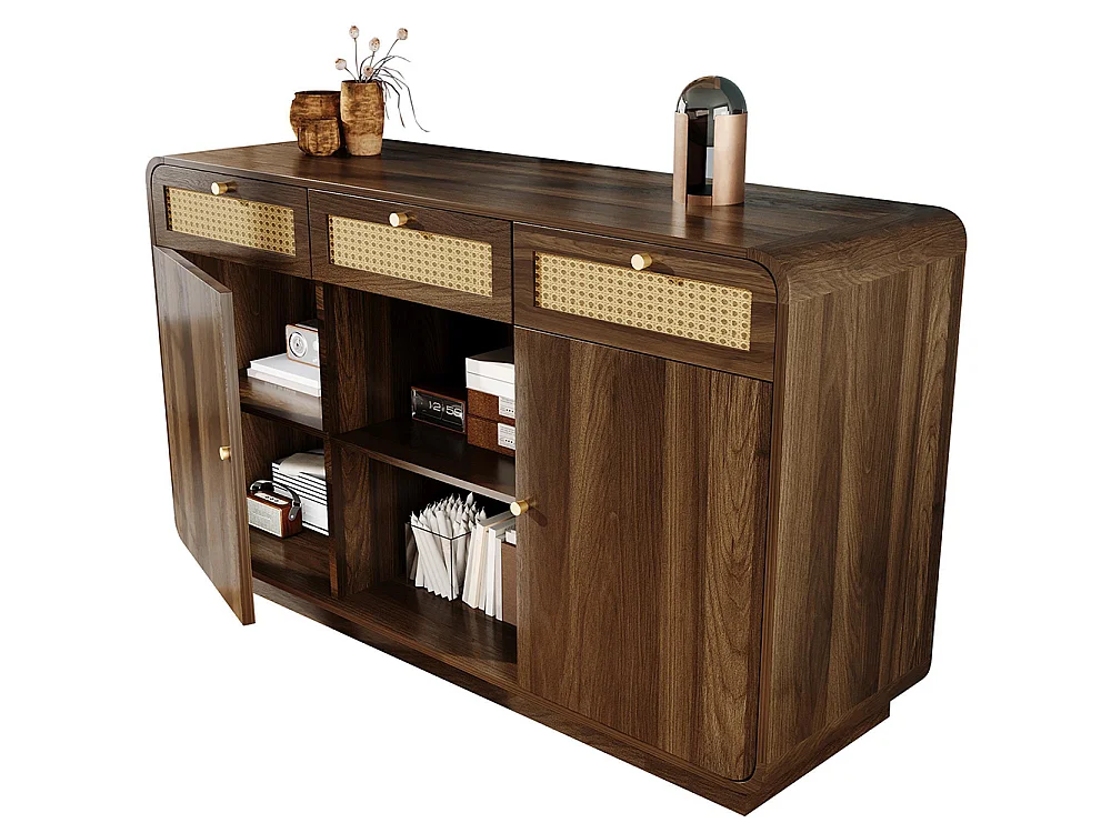 Buffet noyer 120 cm commode tiroirs poignées rotin dorées 3 tiroirs 2 armoires étagère ouverte étagères réglables hauteur