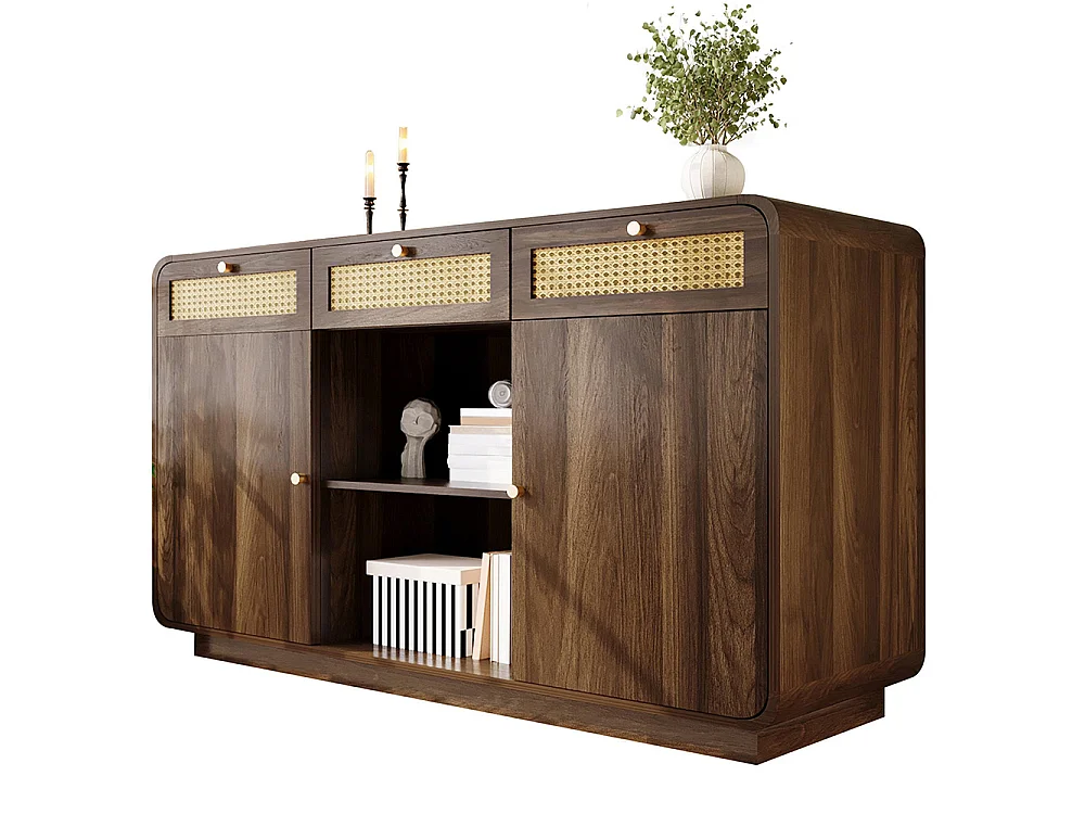 Buffet noyer 120 cm commode tiroirs poignées rotin dorées 3 tiroirs 2 armoires étagère ouverte étagères réglables hauteur