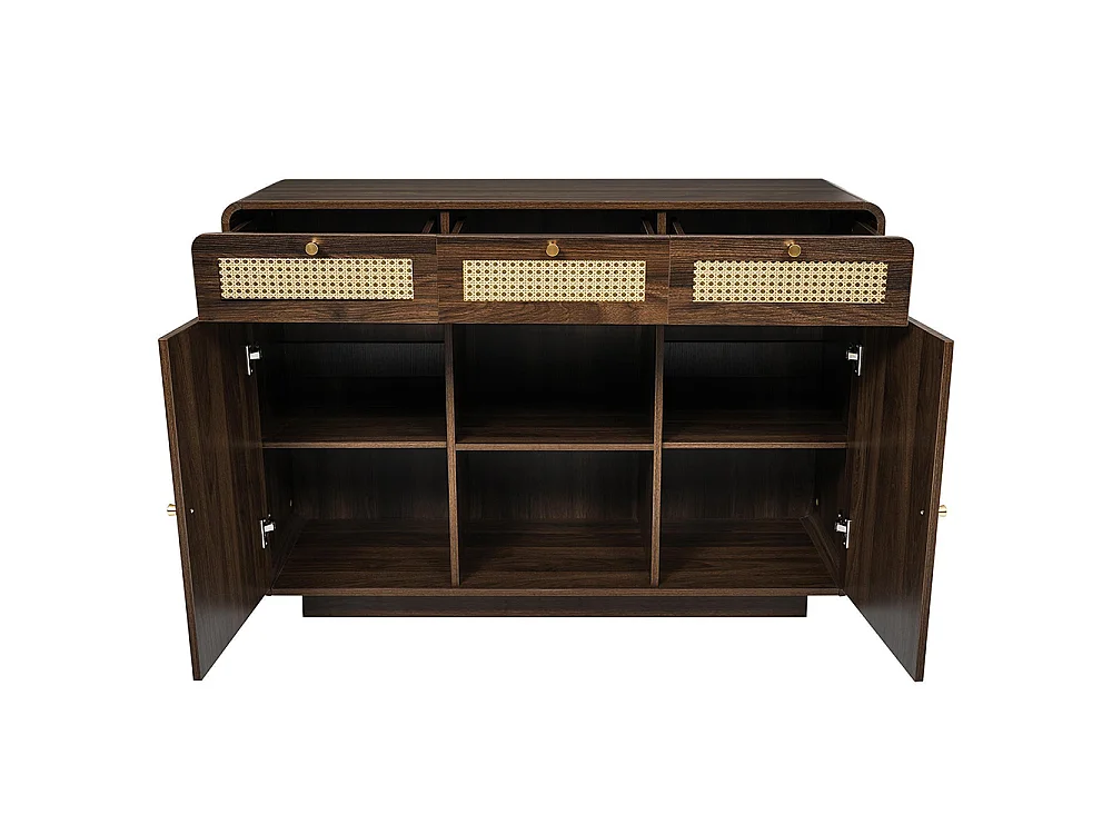 Buffet noyer 120 cm commode tiroirs poignées rotin dorées 3 tiroirs 2 armoires étagère ouverte étagères réglables hauteur