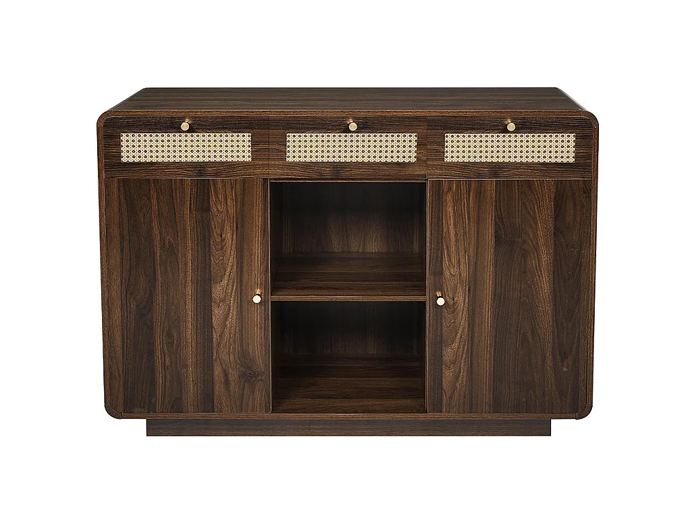 Buffet noyer 120 cm commode tiroirs poignées rotin dorées 3 tiroirs 2 armoires étagère ouverte étagères réglables hauteur
