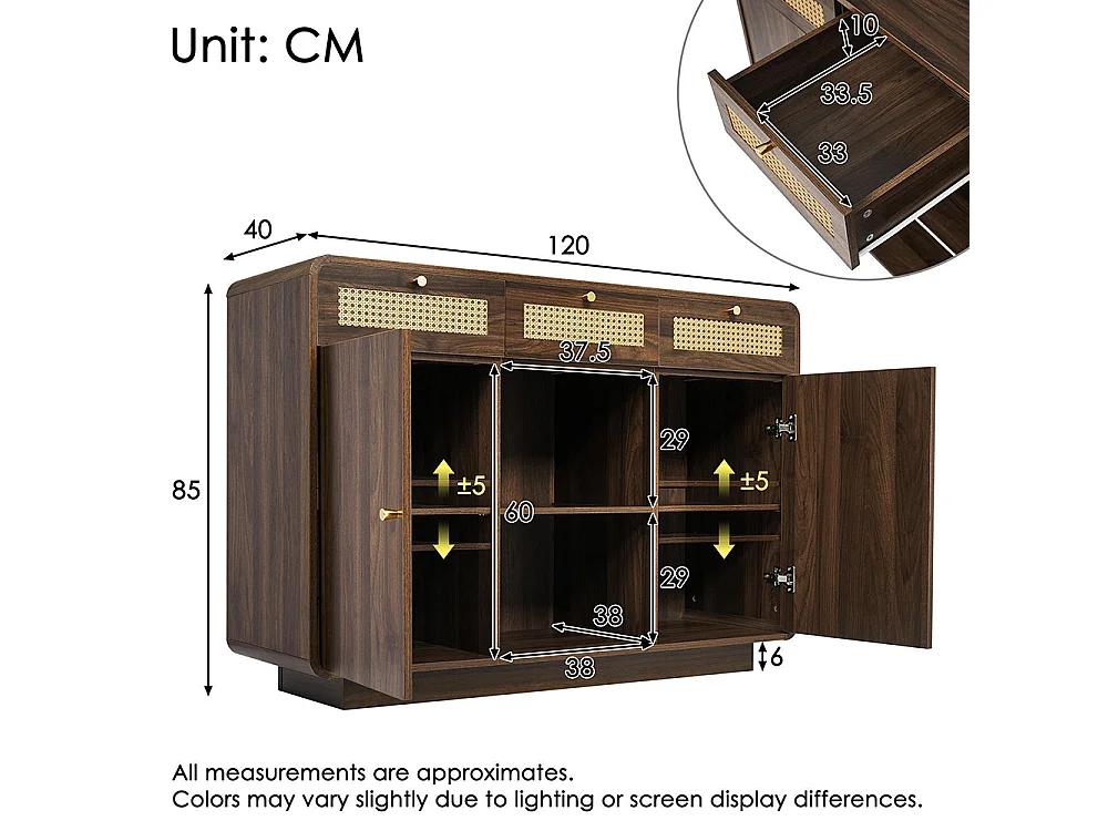 Buffet noyer 120 cm commode tiroirs poignées rotin dorées 3 tiroirs 2 armoires étagère ouverte étagères réglables hauteur