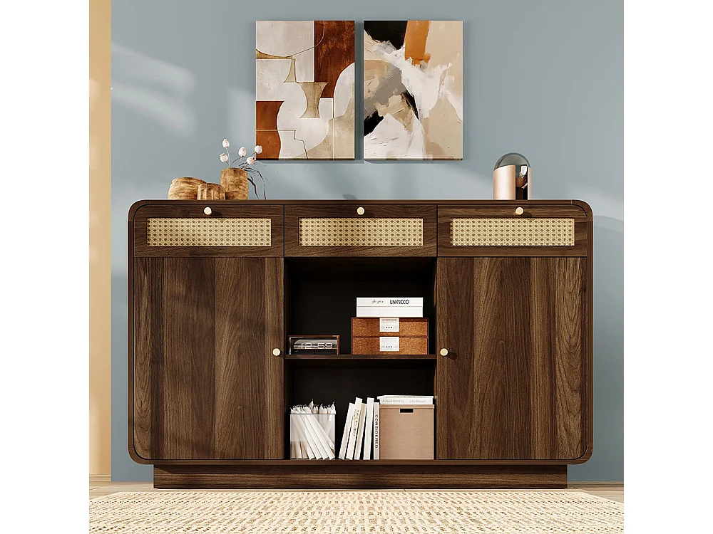 Buffet noyer 120 cm commode tiroirs poignées rotin dorées 3 tiroirs 2 armoires étagère ouverte étagères réglables hauteur