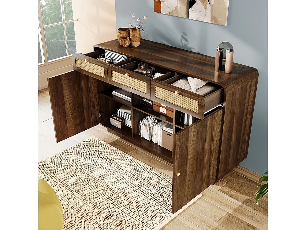 Buffet noyer 120 cm commode tiroirs poignées rotin dorées 3 tiroirs 2 armoires étagère ouverte étagères réglables hauteur