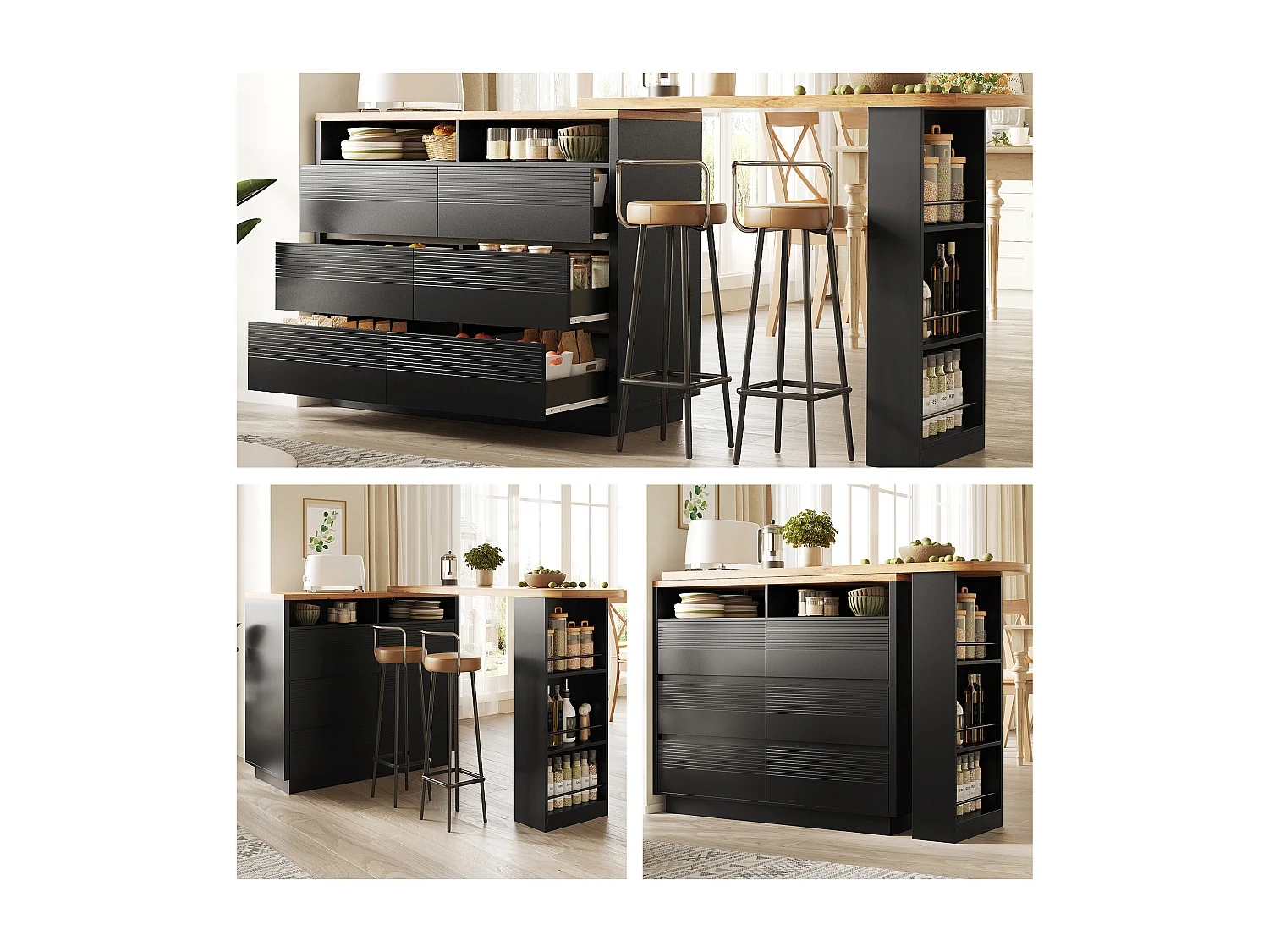 Table de bar mobile extensible - 137-215 x 39 x 102.3 cm - avec 6 tiroir - MDF - noir