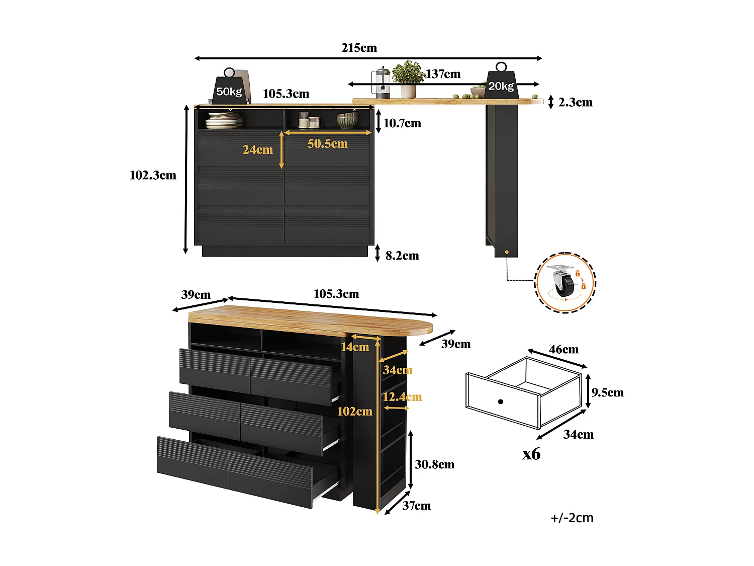 Table de bar mobile extensible - 137-215 x 39 x 102.3 cm - avec 6 tiroir - MDF - noir