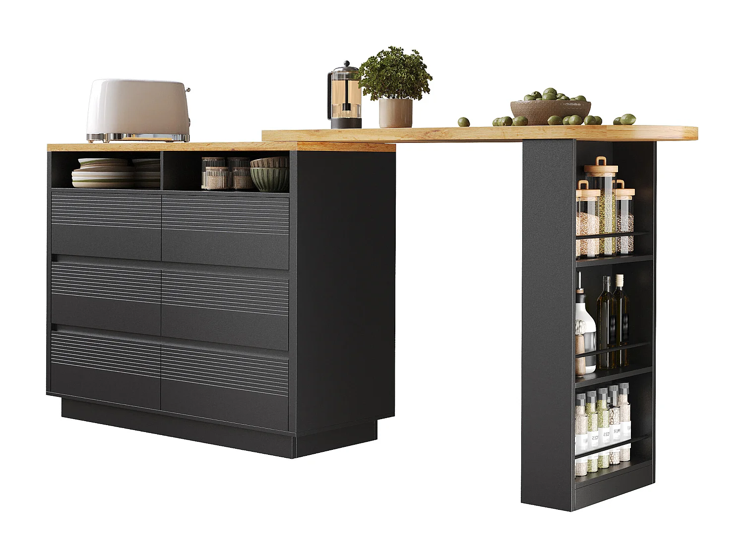 Table de bar mobile extensible - 137-215 x 39 x 102.3 cm - avec 6 tiroir - MDF - noir
