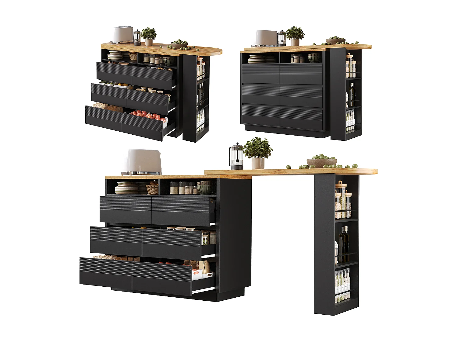 Table de bar mobile extensible - 137-215 x 39 x 102.3 cm - avec 6 tiroir - MDF - noir