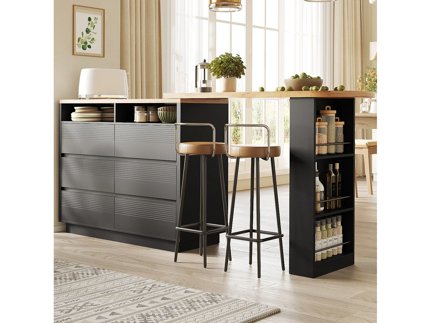 Table de bar mobile extensible - 137-215 x 39 x 102.3 cm - avec 6 tiroir - MDF - noir