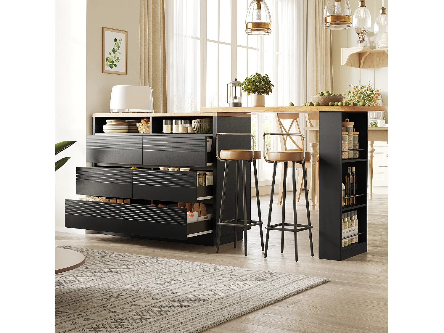 Table de bar mobile extensible - 137-215 x 39 x 102.3 cm - avec 6 tiroir - MDF - noir