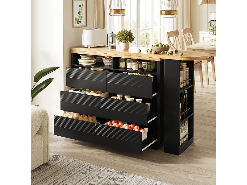 Rozkładany mobilny stół barowy - 137-215 x 39 x 102,3 cm - z 6 szufladami - MDF - czarny