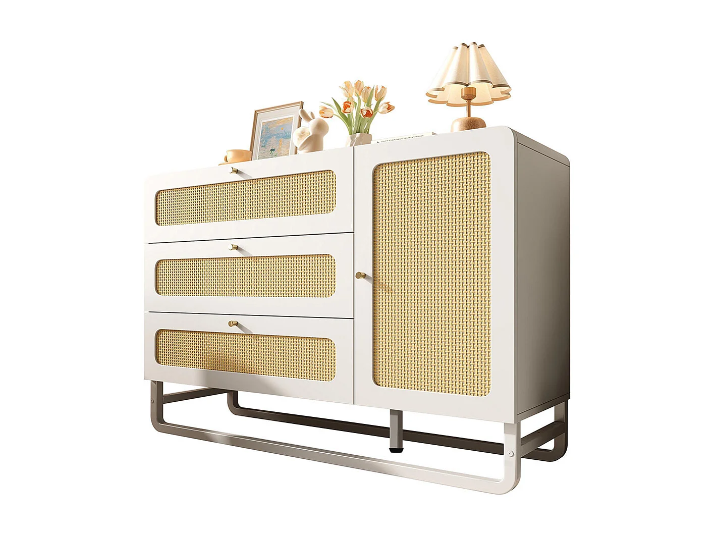 Buffet rotin poignées dorées style cottage blanc 3 tiroirs 1 porte étagères réglables anti-basculement