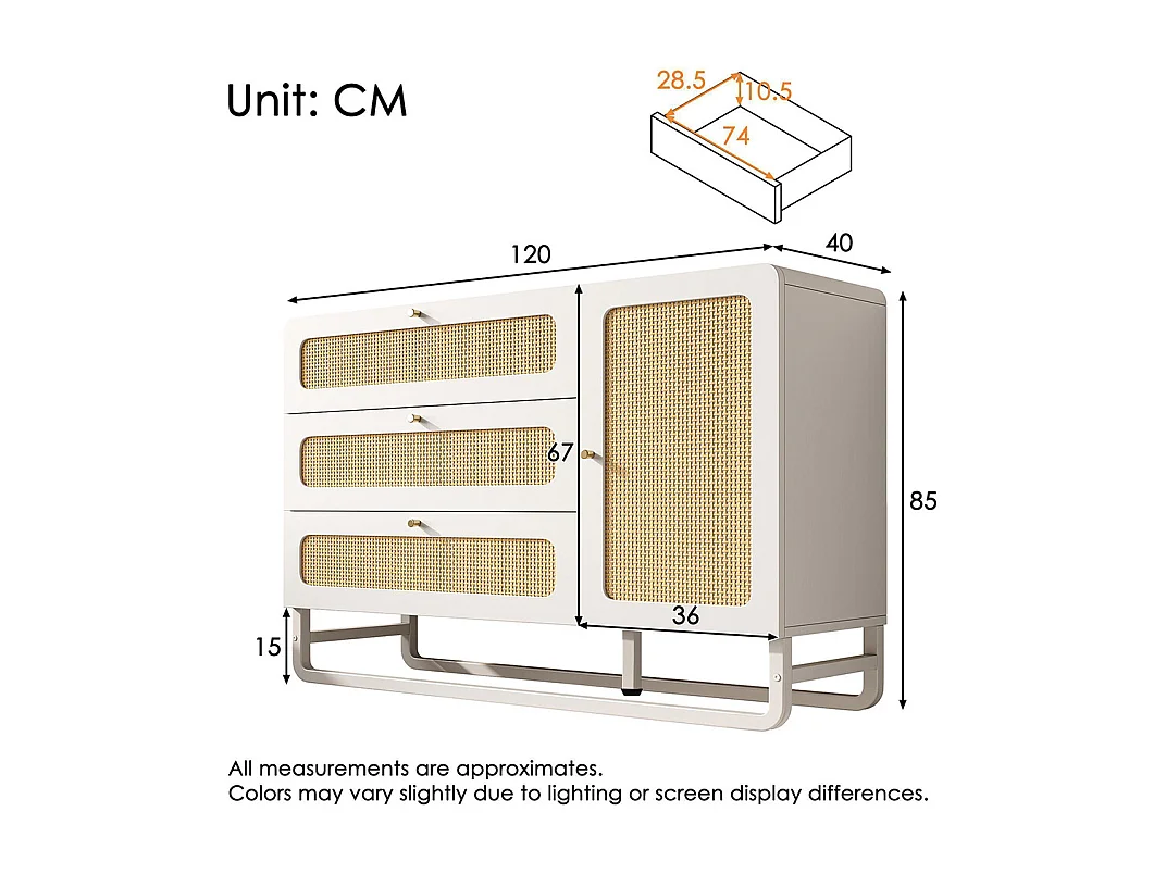 Buffet rotin poignées dorées style cottage blanc 3 tiroirs 1 porte étagères réglables anti-basculement