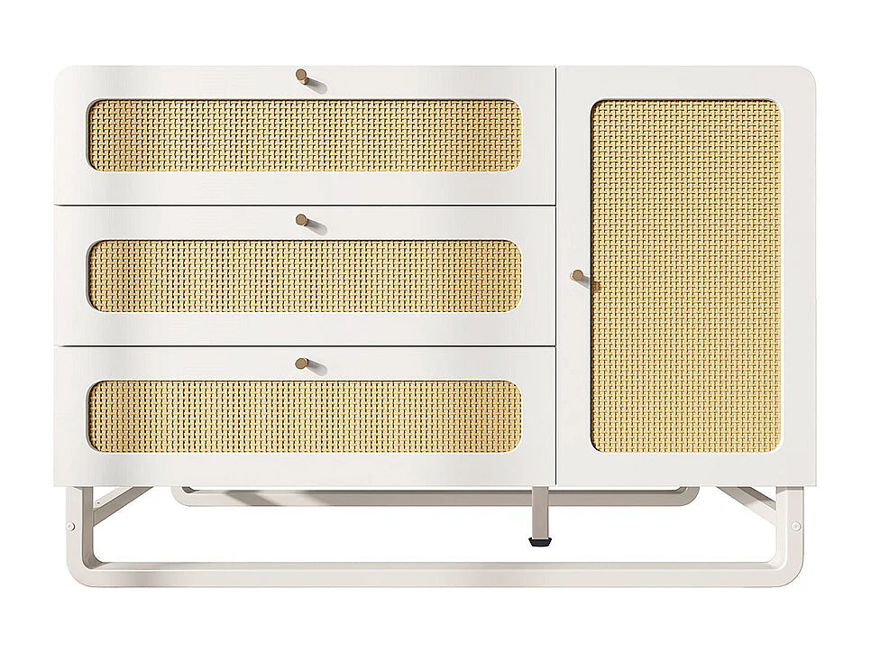 Buffet rotin poignées dorées style cottage blanc 3 tiroirs 1 porte étagères réglables anti-basculement