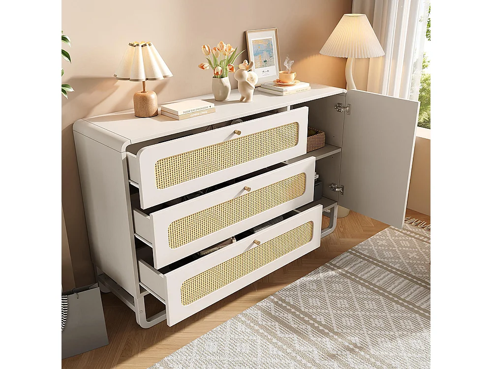 Buffet rotin poignées dorées style cottage blanc 3 tiroirs 1 porte étagères réglables anti-basculement