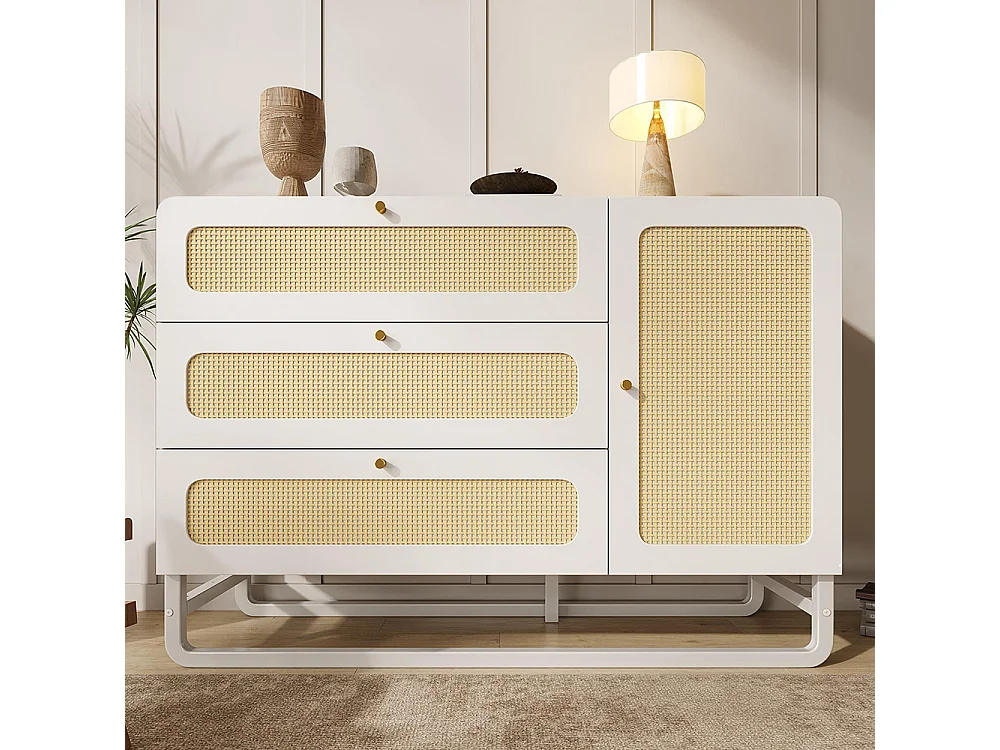 Buffet rotin poignées dorées style cottage blanc 3 tiroirs 1 porte étagères réglables anti-basculement