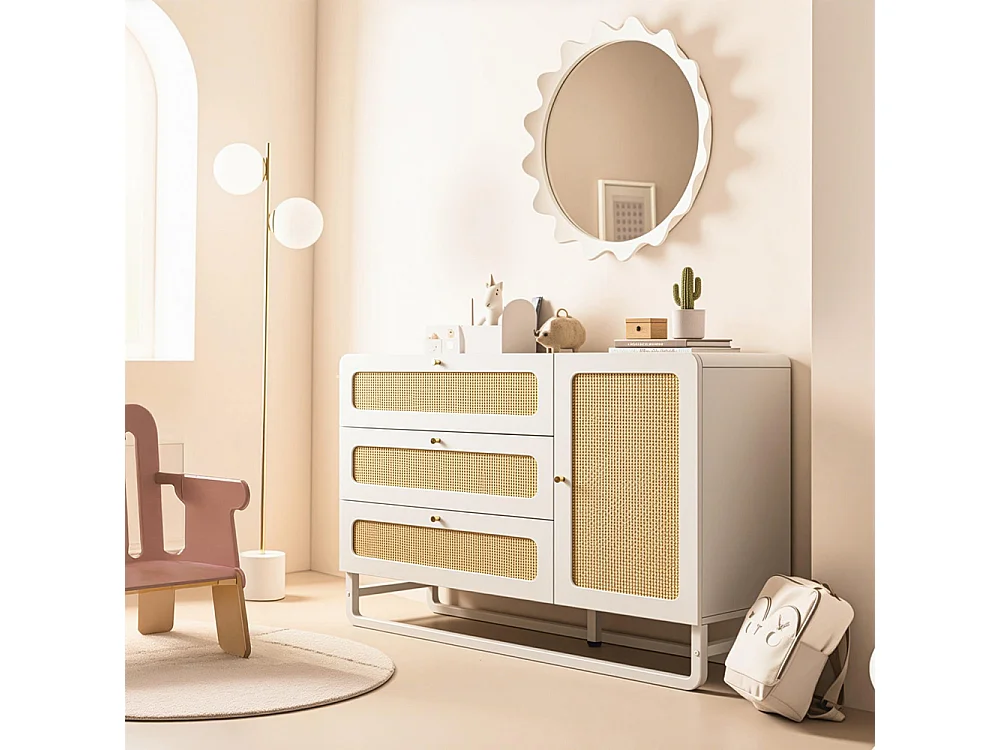 Buffet rotin poignées dorées style cottage blanc 3 tiroirs 1 porte étagères réglables anti-basculement