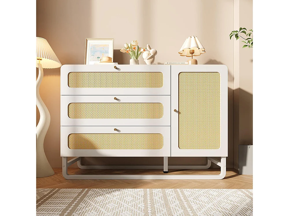Buffet rotin poignées dorées style cottage blanc 3 tiroirs 1 porte étagères réglables anti-basculement