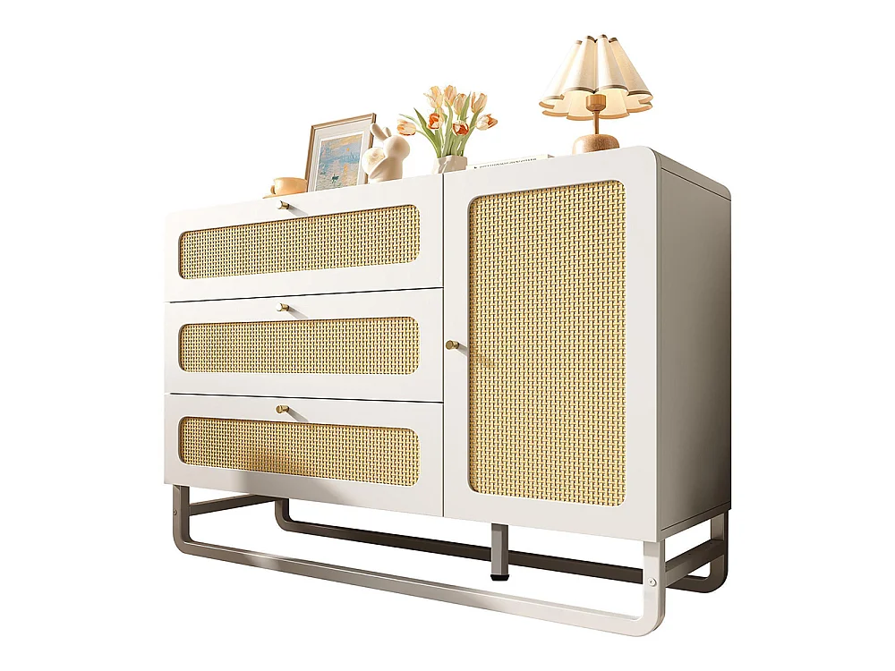 Buffet rotin poignées dorées style cottage blanc 3 tiroirs 1 porte étagères réglables anti-basculement