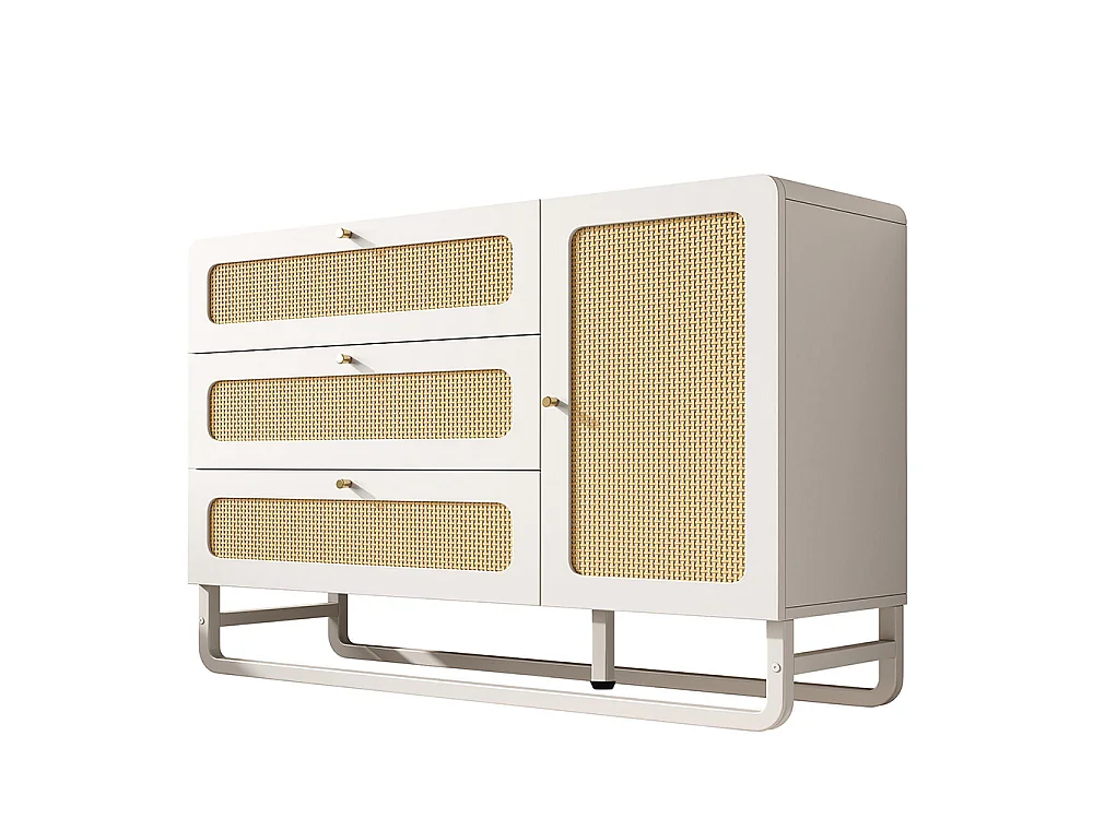 Buffet rotin poignées dorées style cottage blanc 3 tiroirs 1 porte étagères réglables anti-basculement