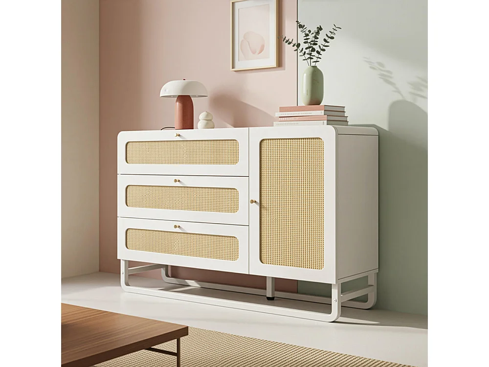 Buffet rotin poignées dorées style cottage blanc 3 tiroirs 1 porte étagères réglables anti-basculement