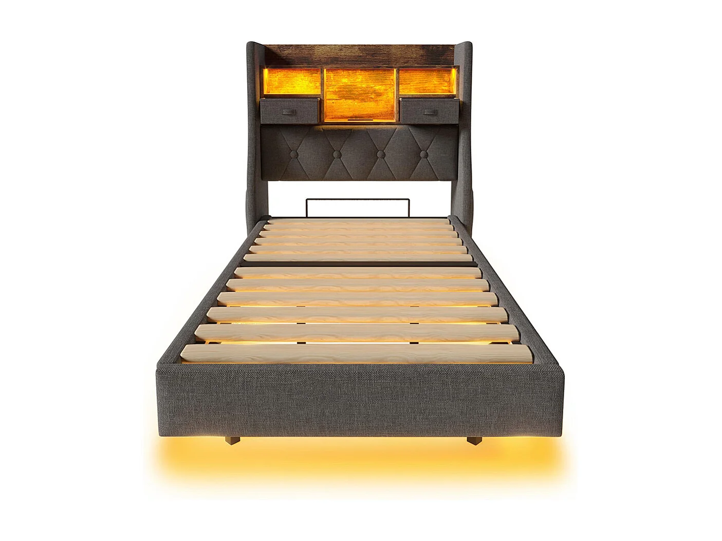 lit avec rangement rembourré 90x200 cm suspendu éclairage LED tête lit station recharge 1 Type-C 3 USB lin gris avec matelas