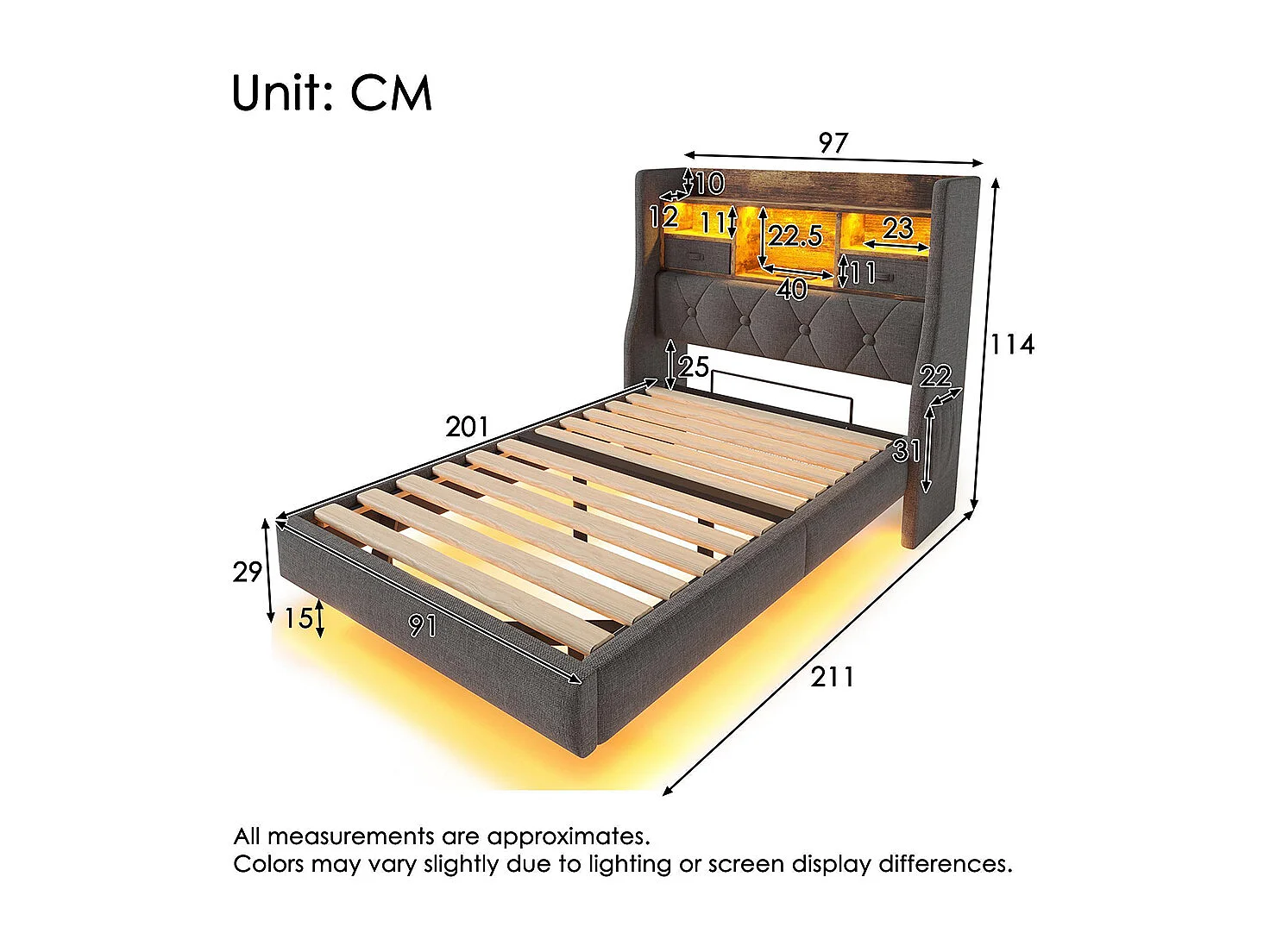 lit avec rangement rembourré 90x200 cm suspendu éclairage LED tête lit station recharge 1 Type-C 3 USB lin gris avec matelas