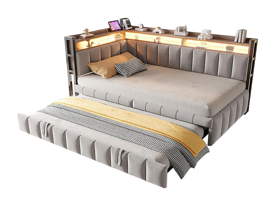 Lit gigogne rembourré 90x200 cm avec éclairage LED rangement tête pied ports USB Type C canapé-lit velours gris clair