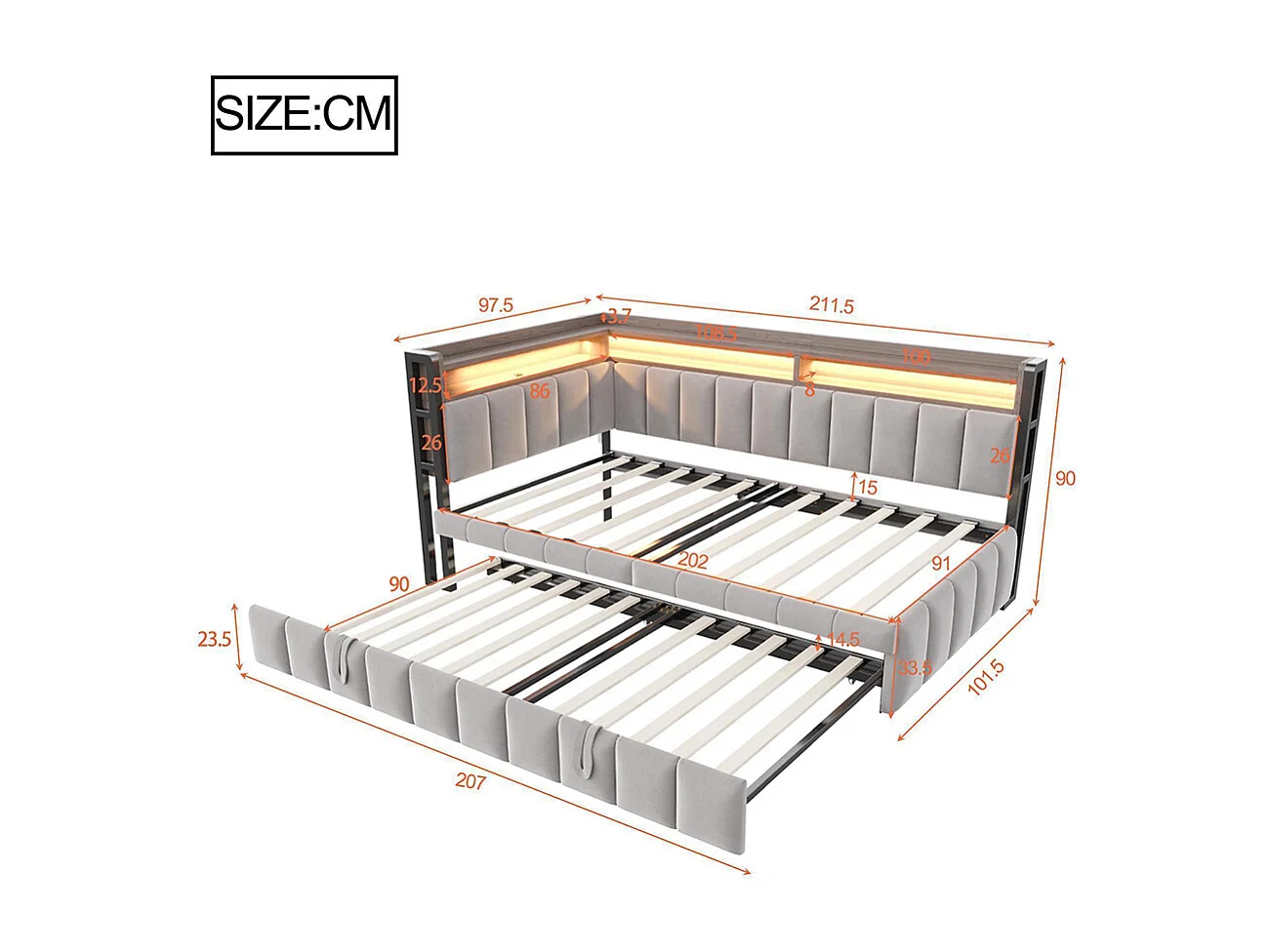 Lit gigogne rembourré 90x200 cm avec éclairage LED rangement tête pied ports USB Type C canapé-lit velours gris clair