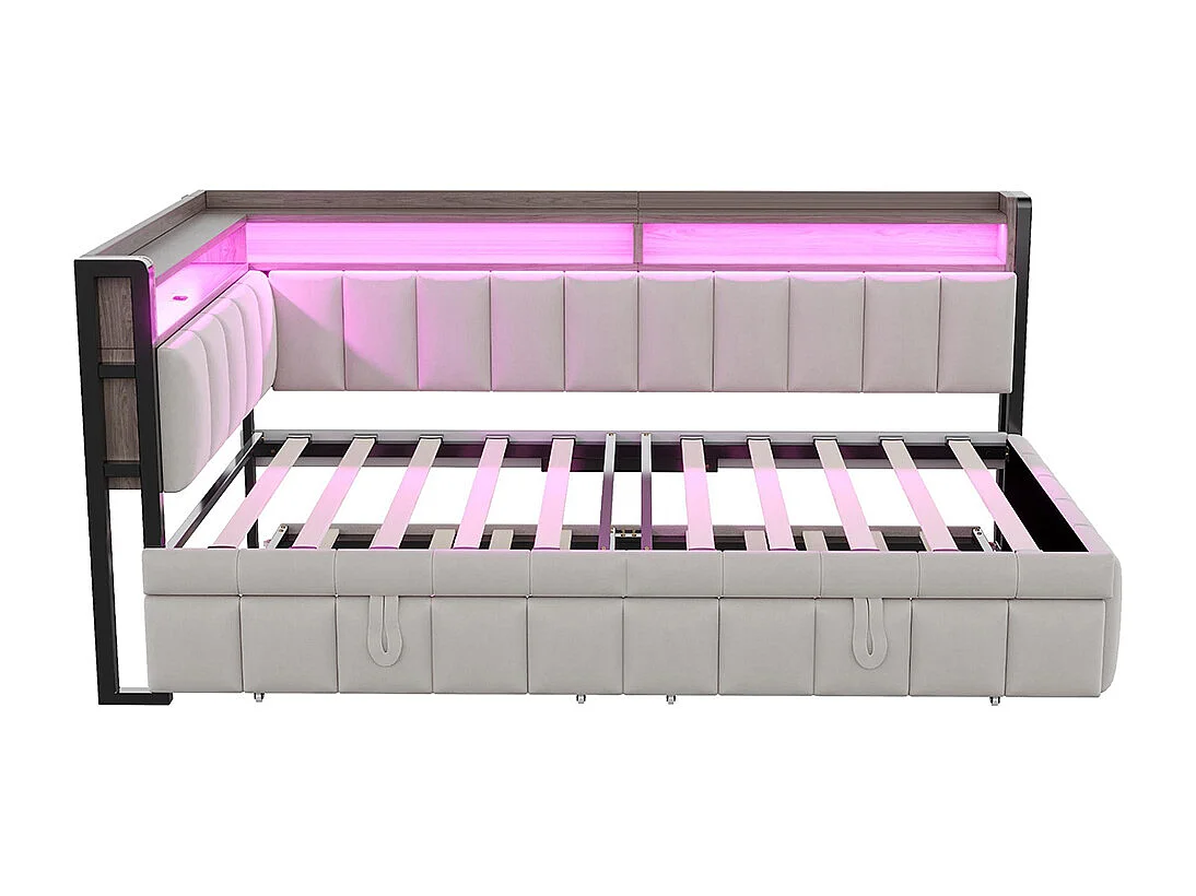Lit gigogne rembourré 90x200 cm avec éclairage LED rangement tête pied ports USB Type C canapé-lit velours gris clair