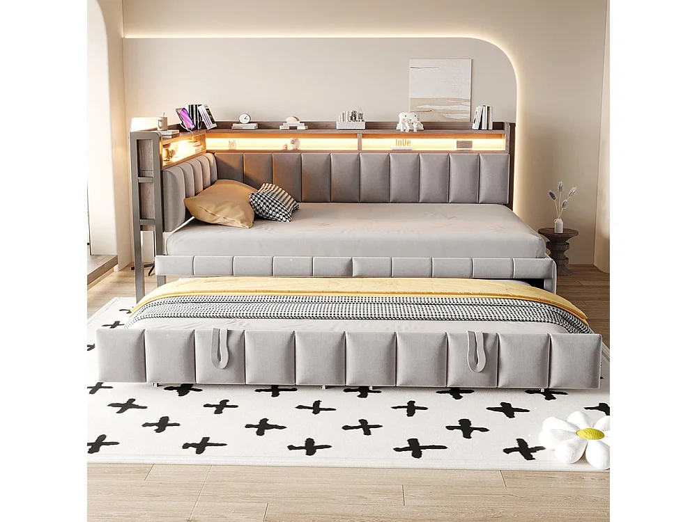 Lit gigogne rembourré 90x200 cm avec éclairage LED rangement tête pied ports USB Type C canapé-lit velours gris clair