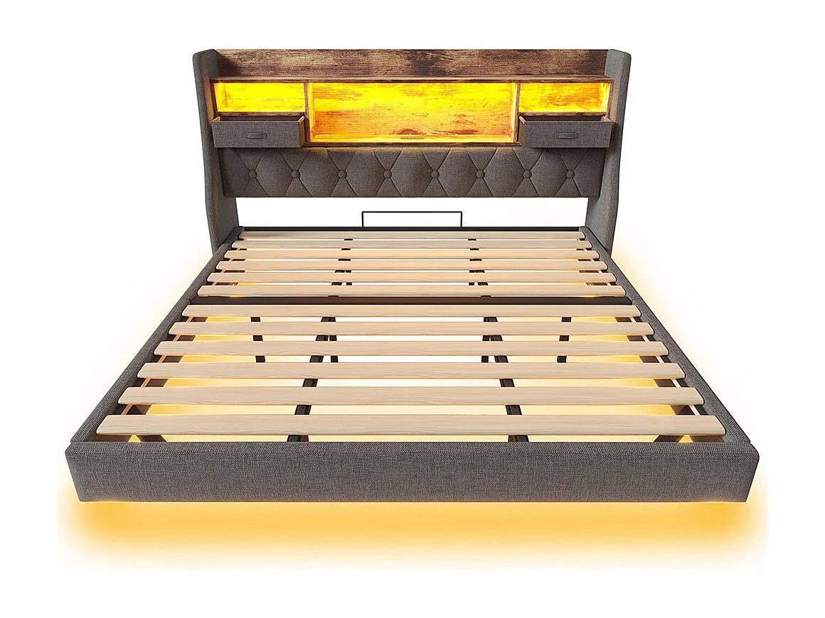 lit avec rangement rembourré 180x200 cm suspendu éclairage LED tête lit station recharge 1 Type-C 3 USB double moderne tête lit lin gris