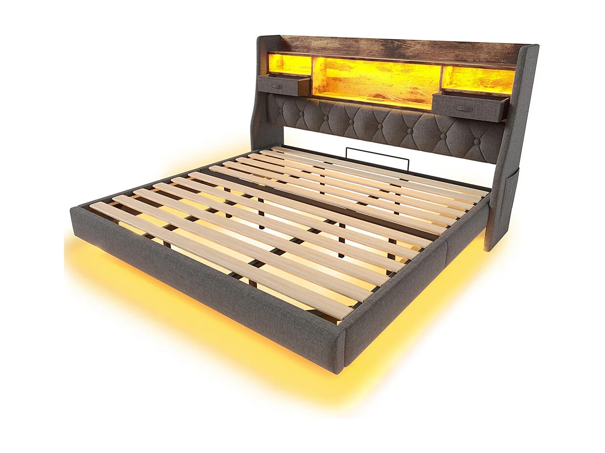 lit avec rangement rembourré 180x200 cm suspendu éclairage LED tête lit station recharge 1 Type-C 3 USB double moderne tête lit lin gris