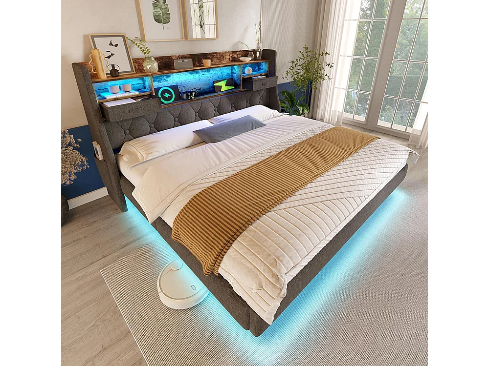 lit avec rangement rembourré 180x200 cm suspendu éclairage LED tête lit station recharge 1 Type-C 3 USB double moderne tête lit lin gris