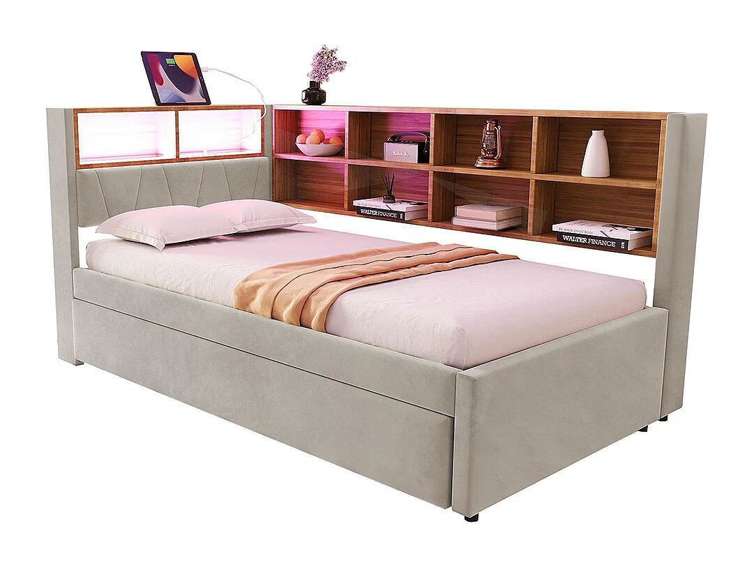 Lit gigogne 90x200 avec LED prises électriques rangement rembourré canapé-lit multifonctionnel flanelle gris clair