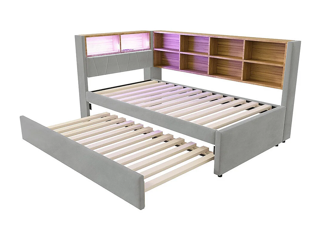 Lit gigogne 90x200 avec LED prises électriques rangement rembourré canapé-lit multifonctionnel flanelle gris clair