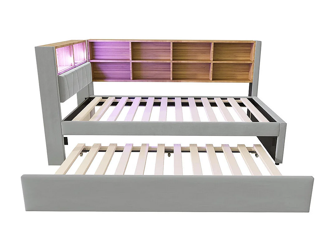 Lit gigogne 90x200 avec LED prises électriques rangement rembourré canapé-lit multifonctionnel flanelle gris clair