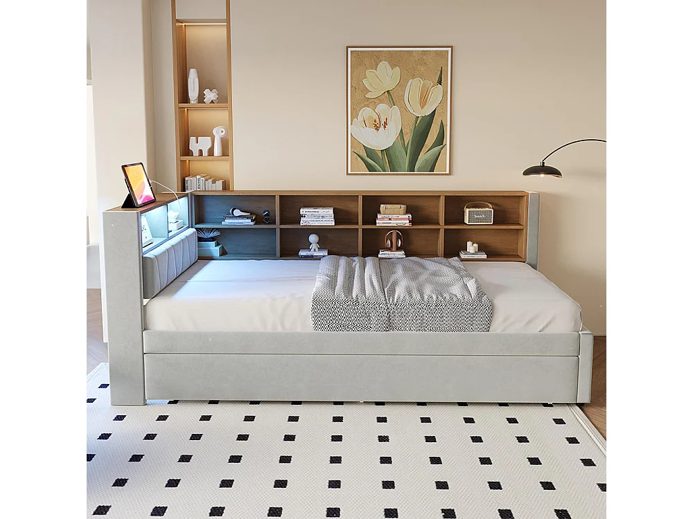 Lit gigogne 90x200 avec LED prises électriques rangement rembourré canapé-lit multifonctionnel flanelle gris clair