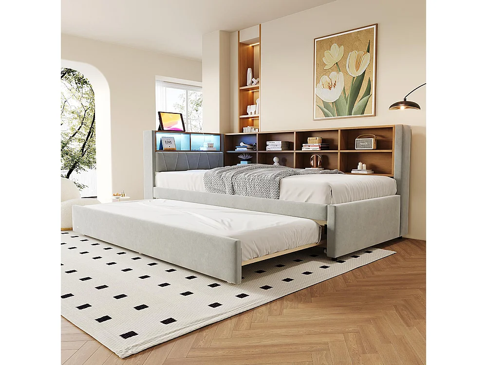 Lit gigogne 90x200 avec LED prises électriques rangement rembourré canapé-lit multifonctionnel flanelle gris clair