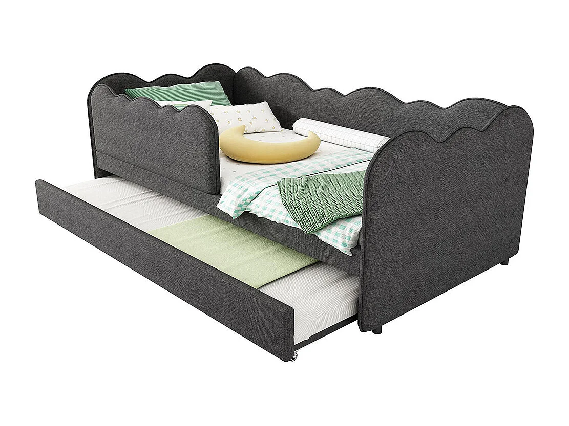 Lit gigogne rembourré 90x190cm lit jour canapé lit enfant sommier lattes lin gris sans matelas
