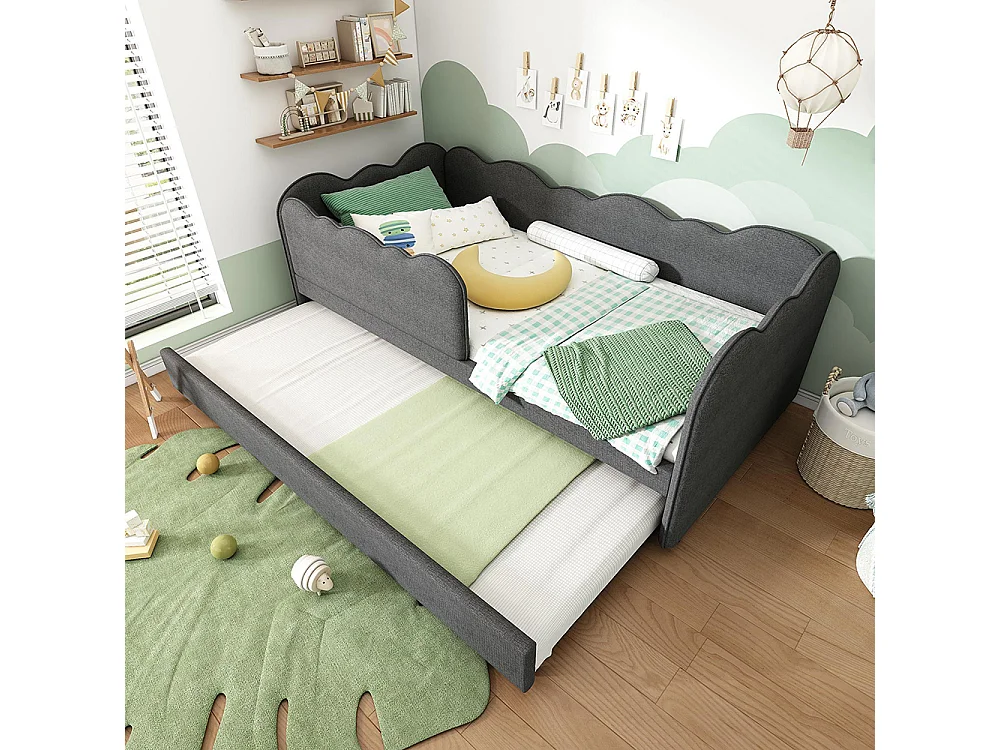 Lit gigogne rembourré 90x190cm lit jour canapé lit enfant sommier lattes lin gris sans matelas
