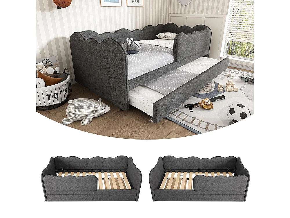 Lit gigogne rembourré 90x190cm lit jour canapé lit enfant sommier lattes lin gris sans matelas