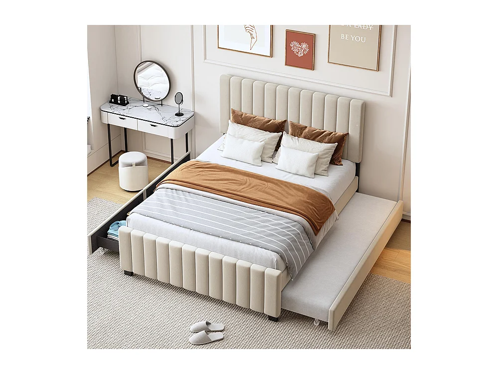Lit gigogne rembourré 140x190 cm avec deux tiroirs velours doux pour enfant adolescent appoint beige sans matelas
