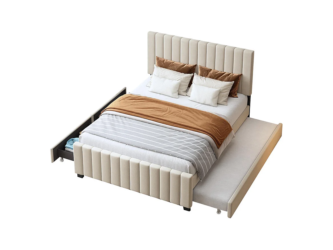 Lit gigogne rembourré 140x190 cm avec deux tiroirs velours doux pour enfant adolescent appoint beige sans matelas