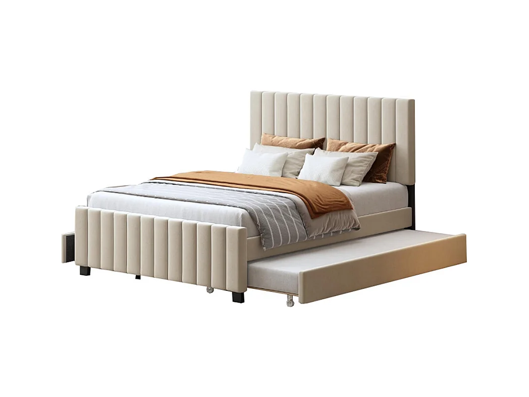 Lit gigogne rembourré 140x190 cm avec deux tiroirs velours doux pour enfant adolescent appoint beige sans matelas