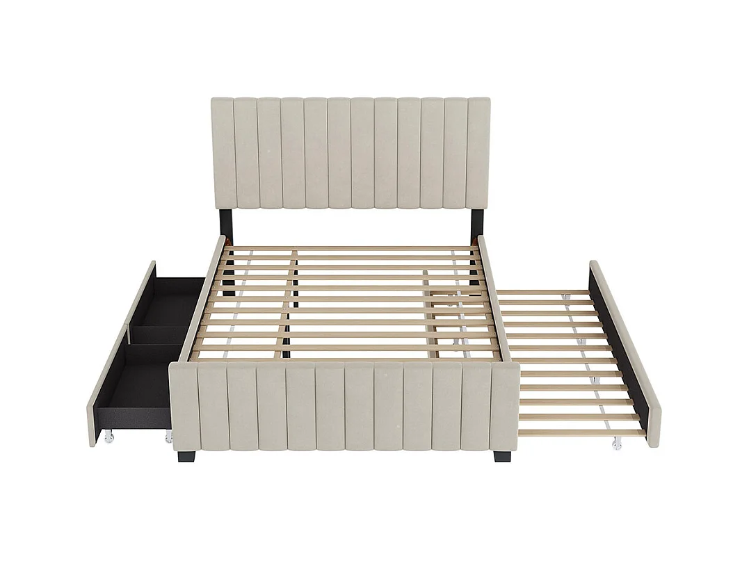 Lit gigogne rembourré 140x190 cm avec deux tiroirs velours doux pour enfant adolescent appoint beige sans matelas